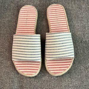 KELLY & KATIE  Blue, white red striped slides, size 9M, worn once